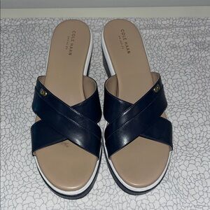 Cole Haan Navy and Tan Sandals with Criss-Cross Straps
